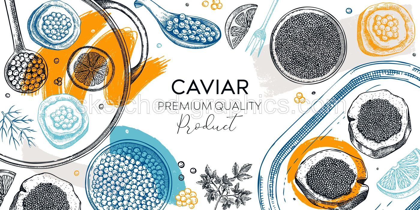 Seafood platter frame in collage style. Red caviar canape, black caviar tin can, lemons hand drawn sketches. Sea delicacy background for restaurant menu or finger food party. Trendy banner design Illustration